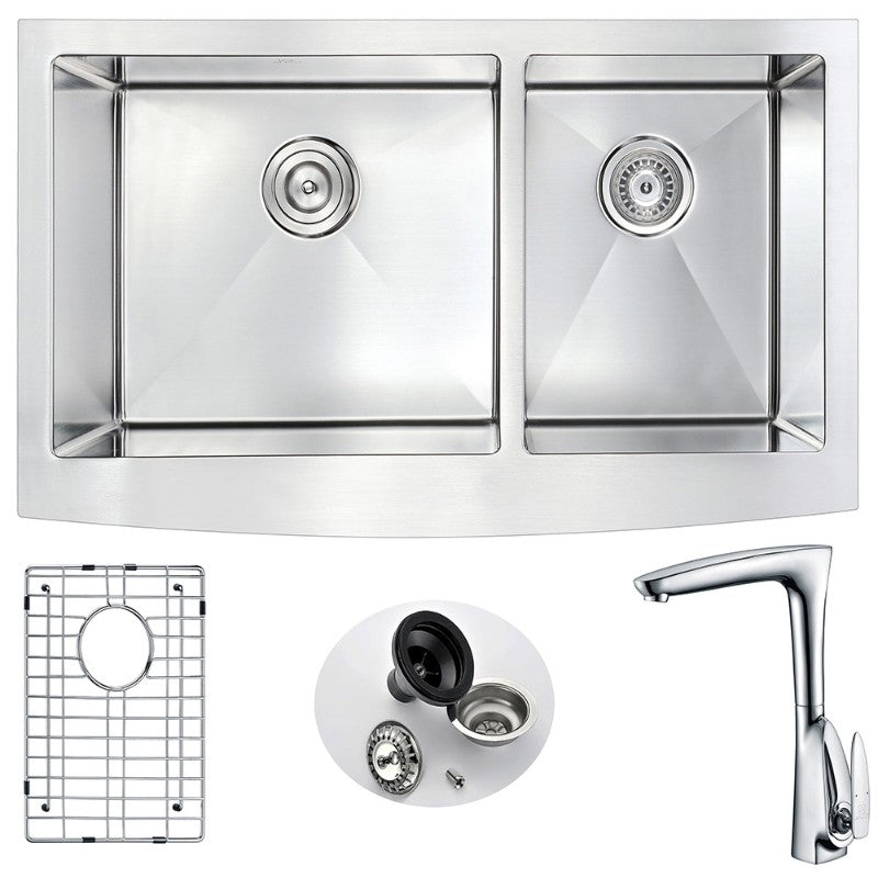 Elysian 35.88' Double Basin Farmhouse Apron Kitchen Sink with Timbre Single-Handle Faucet in Polished Chrome