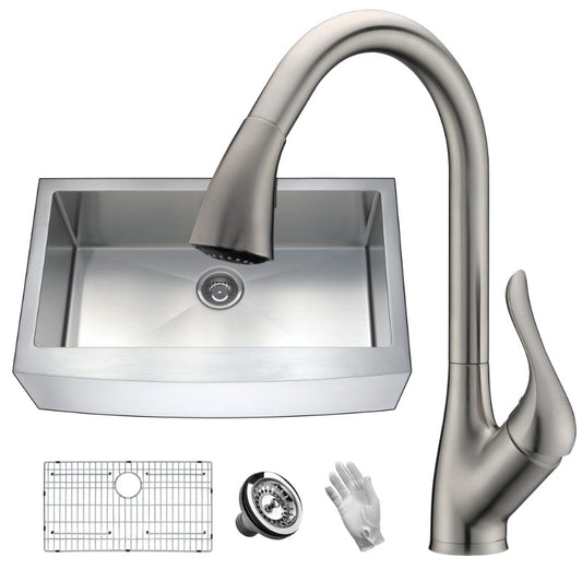 Elysian 35.88" Single Basin Farmhouse Apron Kitchen Sink with Accent Pull-Down Faucet in Brushed Nickel