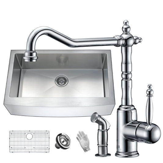 Elysian 35.88" Single Basin Farmhouse Apron Kitchen Sink with Locke Single-Handle Faucet in Polished Chrome