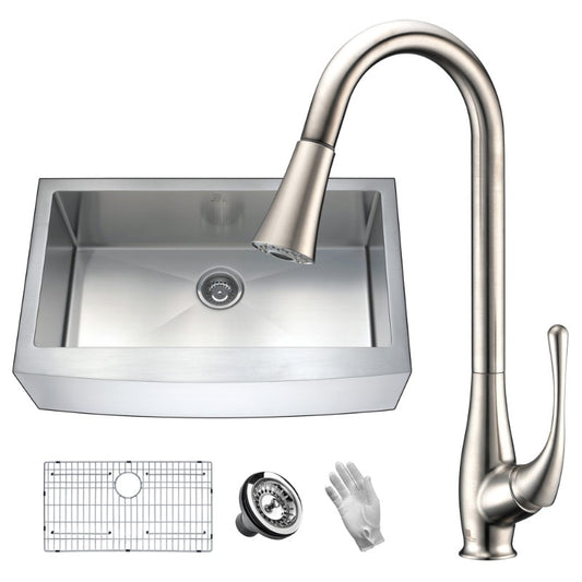 Elysian 35.88" Single Basin Farmhouse Apron Kitchen Sink with Singer Pull-Down Faucet in Brushed Nickel