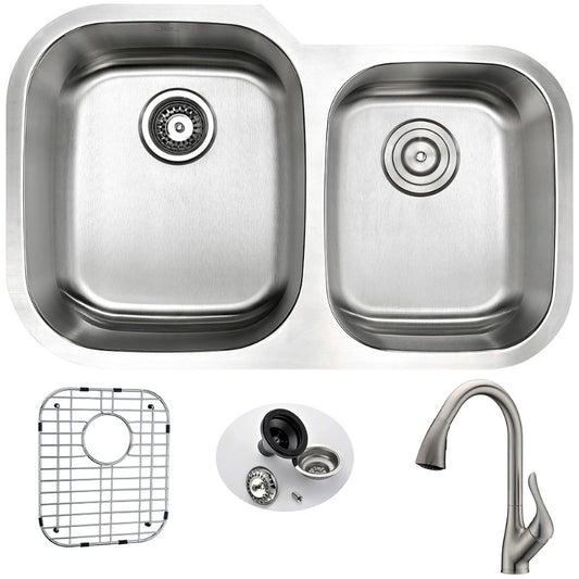 Moore 32" Double Basin Undermount Kitchen Sink with Accent Pull-Down Faucet in Brushed Nickel