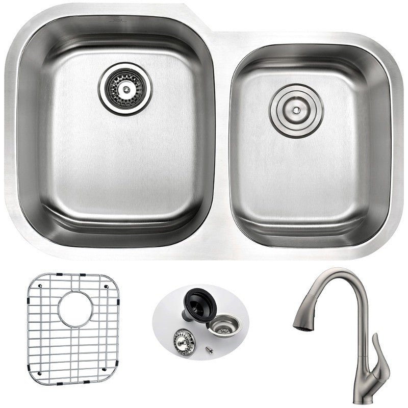 Moore 32' Double Basin Undermount Kitchen Sink with Accent Pull-Down Faucet in Brushed Nickel