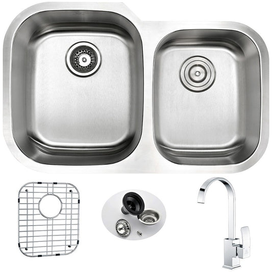 Moore 32" Double Basin Undermount Kitchen Sink with Opus Single-Handle Faucet in Polished Chrome