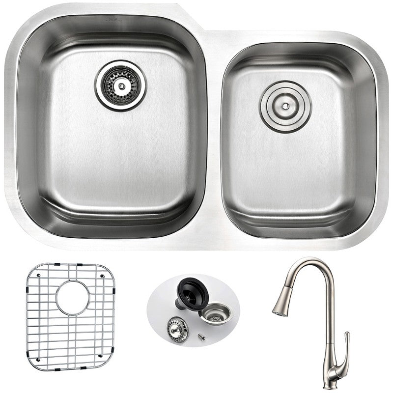 Moore 32' Double Basin Undermount Kitchen Sink with Singer Pull-Down Faucet in Brushed Nickel