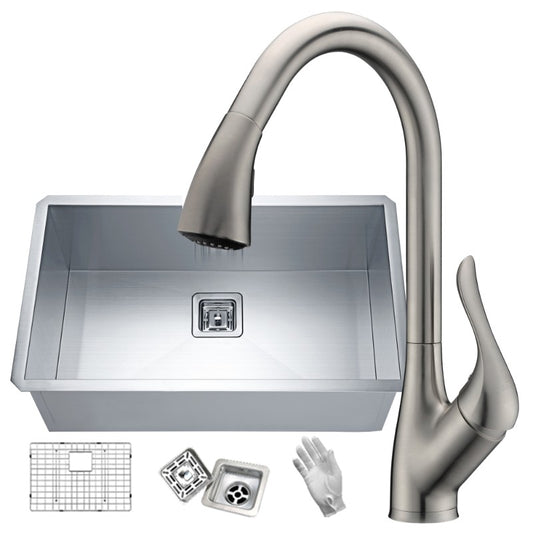 Vanguard 30" Single Basin Undermount Kitchen Sink with Accent Pull-Down Faucet in Brushed Nickel