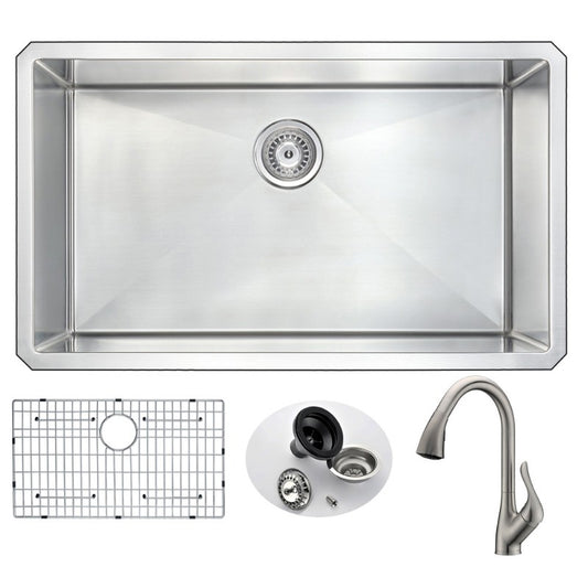 Vanguard 32.75" Single Basin Undermount Kitchen Sink with Accent Pull-Down Faucet in Brushed Nickel