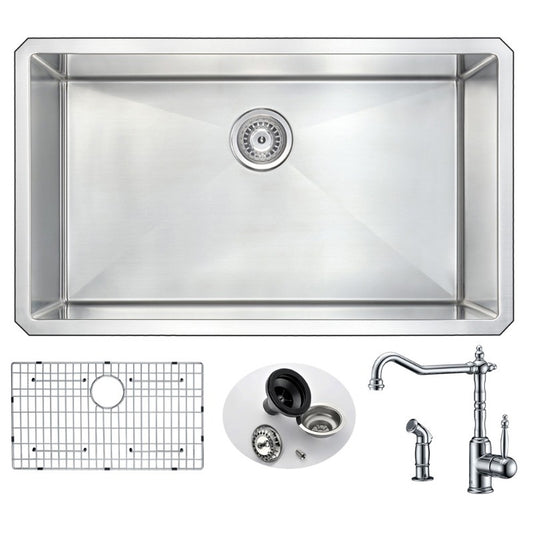 Vanguard 32.75" Single Basin Undermount Kitchen Sink with Locke Single-Handle Faucet in Polished Chrome