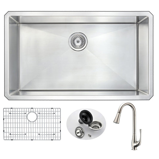 Vanguard 32.75" Single Basin Undermount Kitchen Sink with Singer Pull-Down Faucet in Brushed Nickel