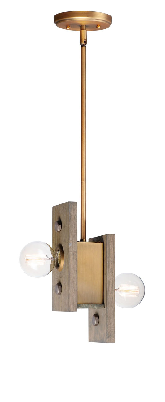 Plank 4.75" Wide 2 Light Mini-Pendant using E26 Medium Incandescent Bulbs in Weathered Wood / Antique Brass