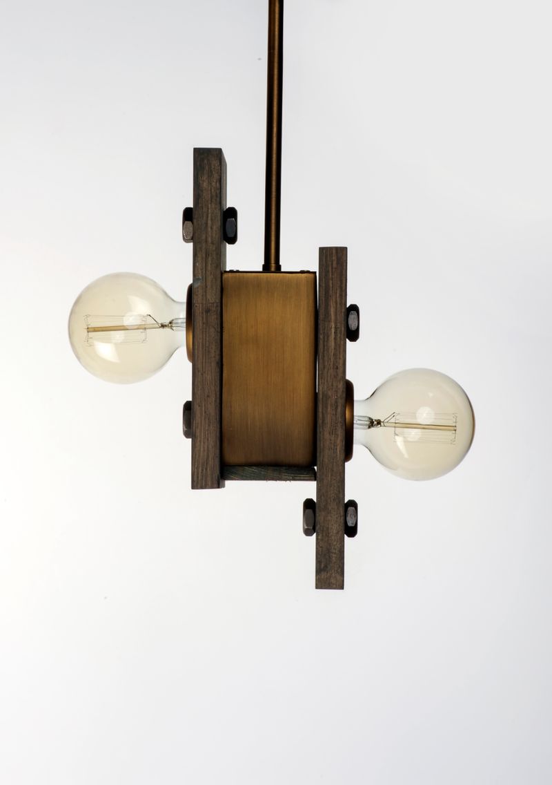 Plank 4.75' Wide 2 Light Mini-Pendant using E26 Medium Incandescent Bulbs in Weathered Wood / Antique Brass