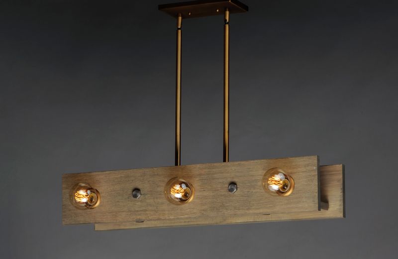 Plank 9' Wide 6 Light Linear Pendant using E26 Medium Incandescent Bulbs in Weathered Wood / Antique Brass