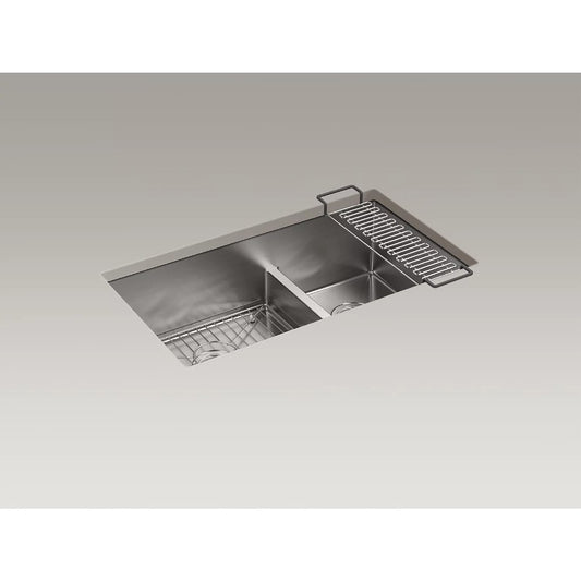 Strive 18.31" x 32" x 9.31" Stainless Steel Double Basin Undermount Kitchen Sink with Low Divide