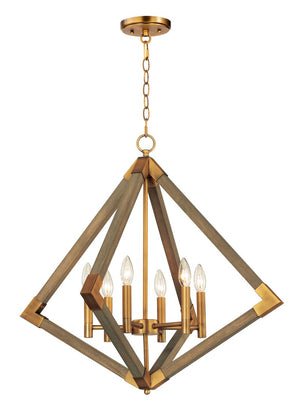 Vector 6 Light Chandelier in Antique Brass and Weathered Oak