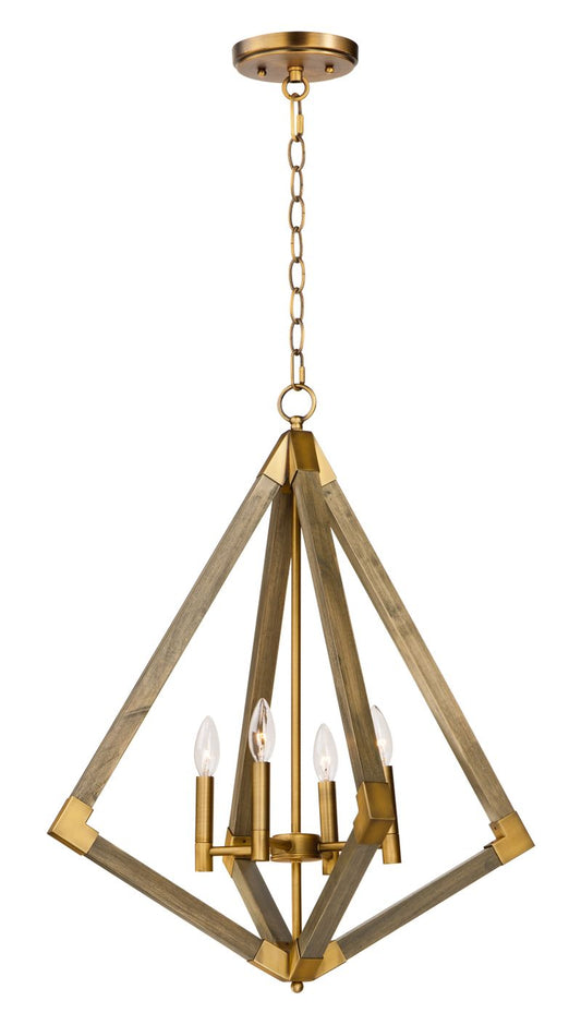 Vector 24" 4 Light Entry Foyer Pendant in Antique Brass and Weathered Oak