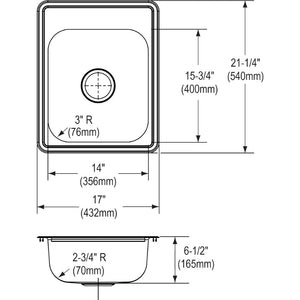 Dayton 21.25' x 17' x 6.5' Stainless Steel Single-Basin Drop-In Bar Sink - 2 Faucet Holes