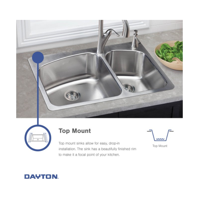 Dayton 19' x 33' x 6.44' Stainless Steel Double-Basin Drop-In Kitchen Sink - 1 Faucet Hole