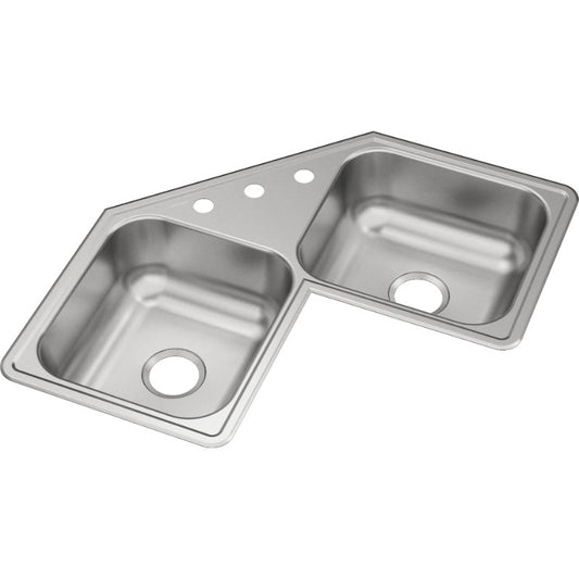 Dayton 17" x 31.88" x 7" Stainless Steel Double-Basin Corner Kitchen Sink - 3 Faucet Holes