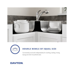 Dayton 17' x 31.88' x 7' Stainless Steel Double-Basin Corner Kitchen Sink - 3 Faucet Holes