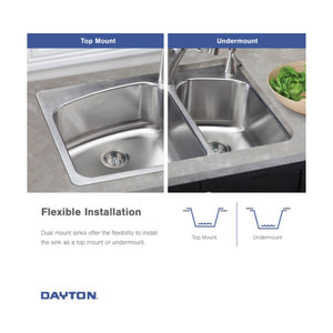Dayton 22' x 33' x 8' Stainless Steel Double-Basin Dual-Mount Kitchen Sink - 1 Faucet Hole