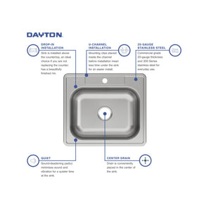 Dayton 22' x 25' x 8.06' Stainless Steel Single-Basin Drop-In Kitchen Sink - 1 Faucet Hole