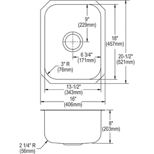 Dayton 20.5' x 16' x 8' Stainless Steel Single-Basin Undermount Bar Sink