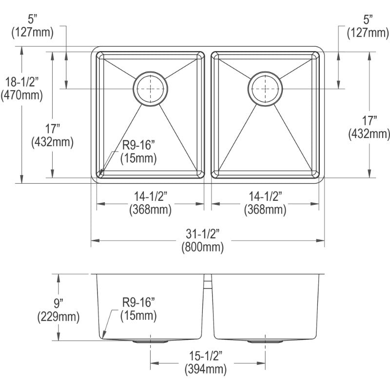 Crosstown 18.5' x 31.5' x 9' Stainless Steel Double-Basin Undermount Kitchen Sink Kit