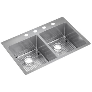 Crosstown 22' x 33' x 9' Stainless Steel Double-Basin Dual-Mount Kitchen Sink - 4 Faucet Holes
