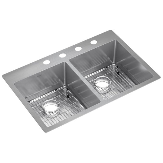 Crosstown 22" x 33" x 9" Stainless Steel Double-Basin Dual-Mount Kitchen Sink - 4 Faucet Holes