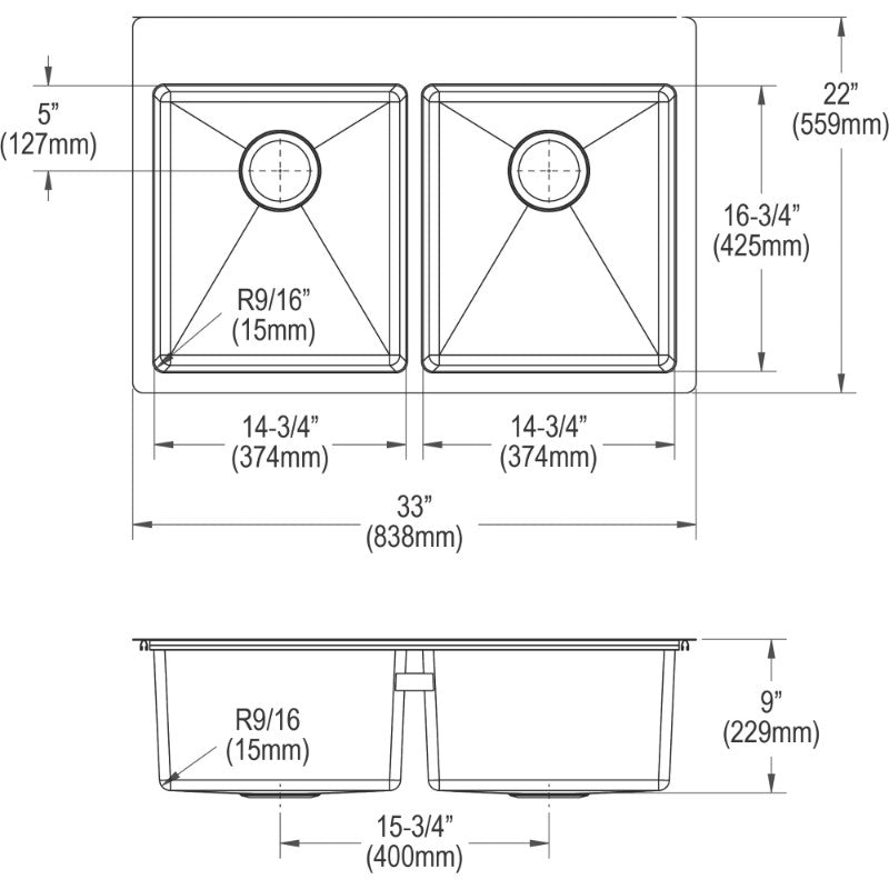 Crosstown 22' x 33' x 9' Stainless Steel Double-Basin Dual-Mount Kitchen Sink - 4 Faucet Holes