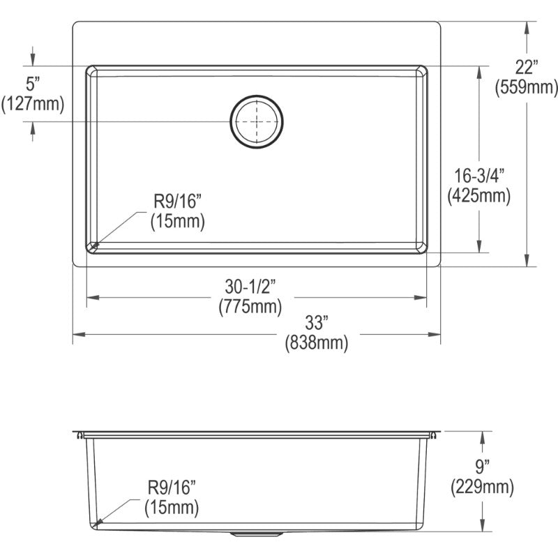 Crosstown 22' x 33' x 9' Stainless Steel Single-Basin Dual-Mount Kitchen Sink - 2 Faucet Holes