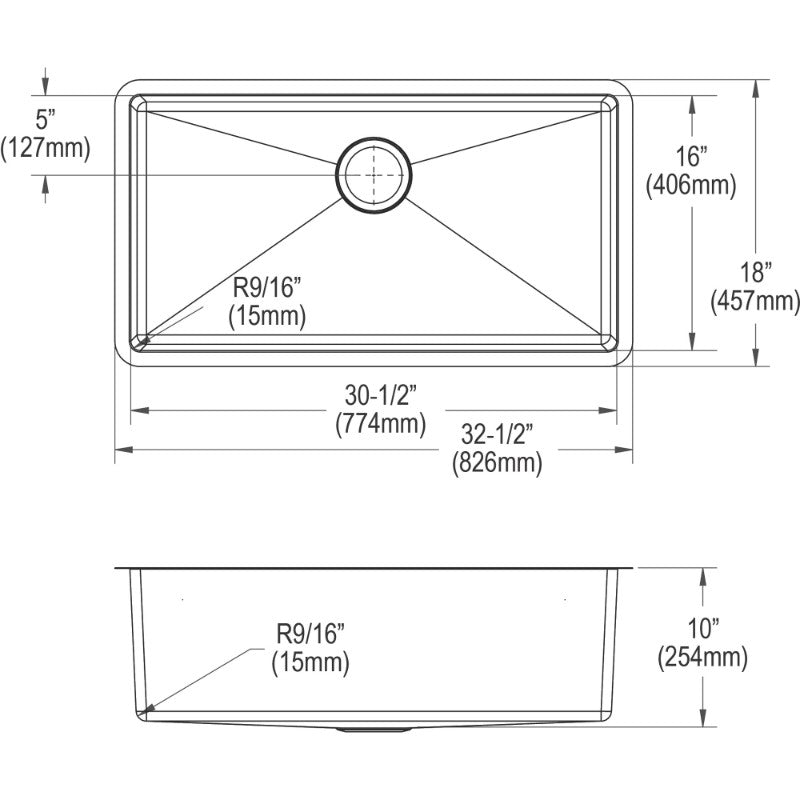 Crosstown 18' x 32.5' x 10' Stainless Steel Single-Basin Undermount Kitchen Sink