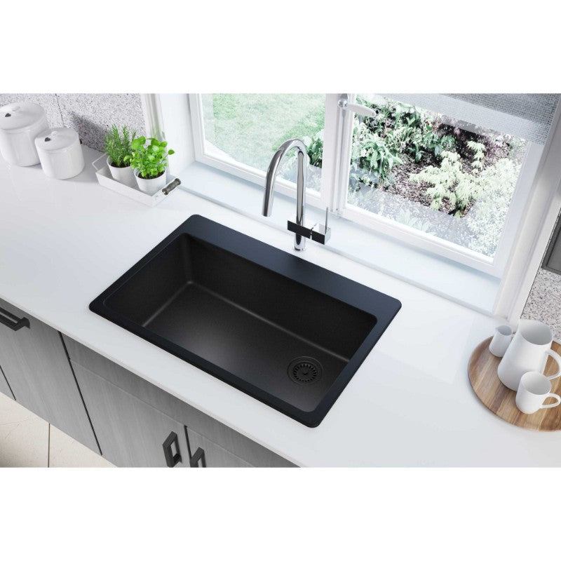 Quartz Classic 22' x 33' x 9.5' Quartz Single-Basin Rectangle Drop-In Kitchen Sink in Black