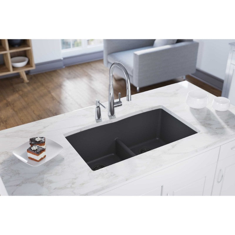Quartz Classic 19' x 33' x 10' Quartz Double-Basin Undermount Kitchen Sink in Dusk Gray