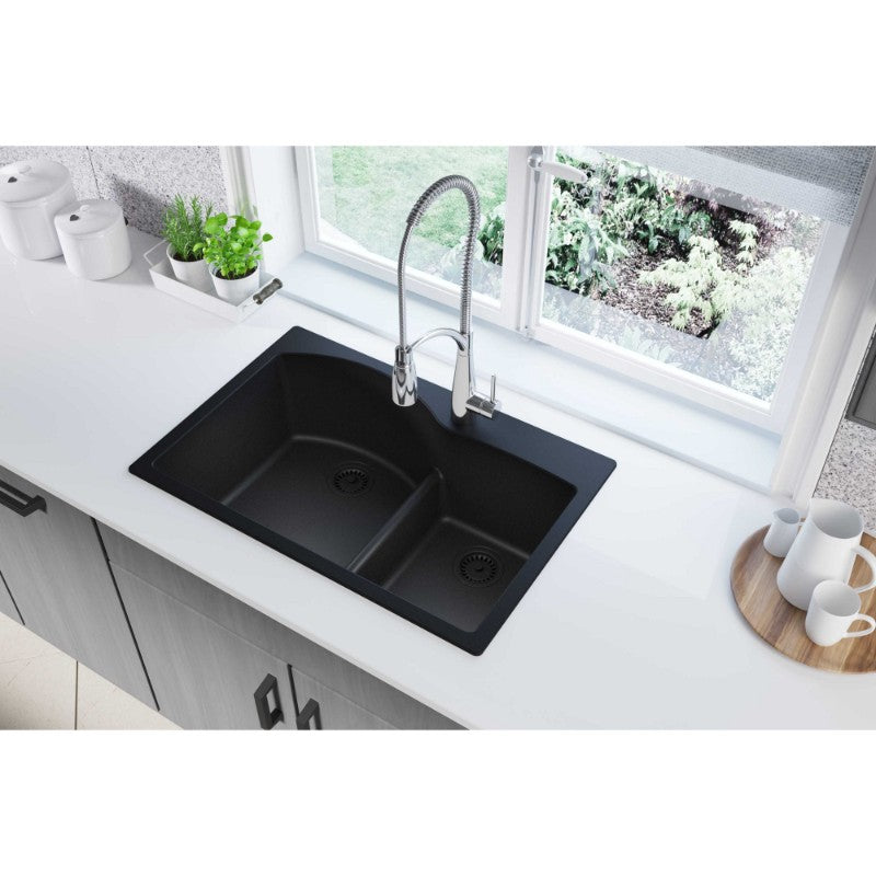 Quartz Classic 22' x 33' x 10' Quartz Double-Basin Drop-In Kitchen Sink in Black