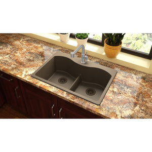 Quartz Classic 22' x 33' x 9.5' Quartz Double-Basin Drop-In Kitchen Sink in Mocha - Low Divide