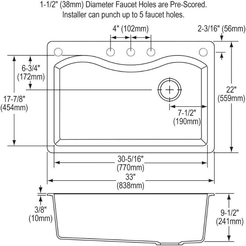 Quartz Classic 22' x 33' x 9.5' Quartz Single-Basin Irregular Drop-In Kitchen Sink in White