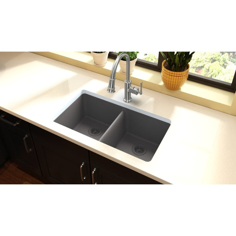 Quartz Classic 18.5' x 33' x 9.5' Quartz Double-Basin Undermount Kitchen Sink in Greystone