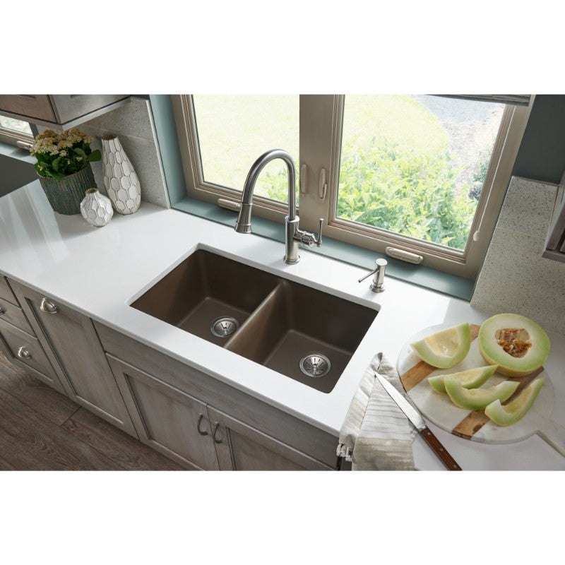 Quartz Classic 18.5' x 33' x 9.5' Quartz Double-Basin Undermount Kitchen Sink in Mocha