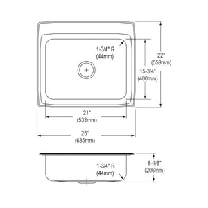 Lustertone Classic 22' x 25' x 8.13' Stainless Steel Single-Basin Drop-In Kitchen Sink - 1 Faucet Hole