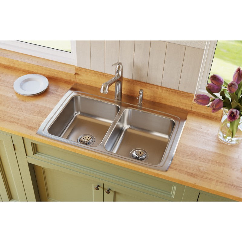 Lustertone Classic 22' x 33' x 8.13' Stainless Steel Double-Basin Drop-In Kitchen Sink - 3 Faucet Holes