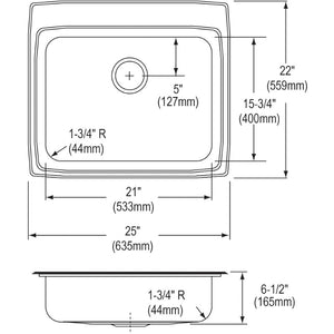 Lustertone Classic 22' x 25' x 6.5' Stainless Steel Single-Basin Drop-In Kitchen Sink - 1 Faucet Hole