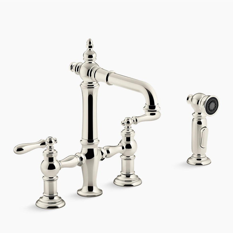 Artifacts Bridge Kitchen Faucet in Vibrant Polished Nickel with Side Spray