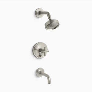 Purist 2.5 gpm Single Cross Handle Tub & Shower Faucet in Vibrant Brushed Nickel - 90 Degree Spout