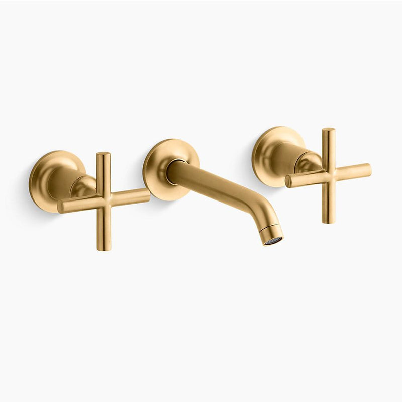 Purist Wall Mount Cross Two-Handle Bathroom Faucet in Vibrant Brushed Moderne Brass