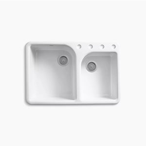 Executive Chef 22' x 33' x 10.63' Enameled Cast Iron Double Basin Drop-In Kitchen Sink in White