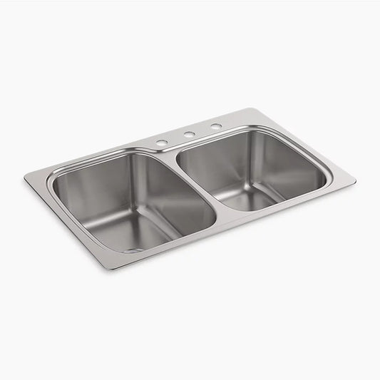Verse 22" x 33" x 9.25" Double Basin Dual-Mount Kitchen Sink in Stainless Steel - 3 Faucet Holes