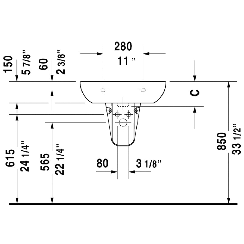 Duravit D-Code 19.63' x 25.5' x 7.13' Ceramic Wall Mount Bathroom Sink in White - 1 Faucet Hole - 23106500002