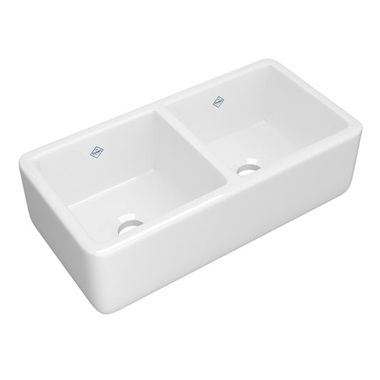 Lancaster 18.5" x 36.63" x 10.5" Fireclay Double-Basin Farmhouse Kitchen Sink in White