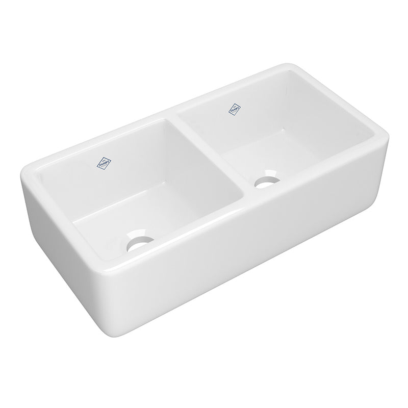 Lancaster 18.5' x 36.63' x 10.5' Fireclay Double-Basin Farmhouse Kitchen Sink in White