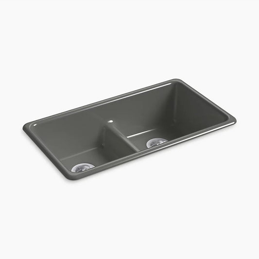 Iron/Tones 18.75" x 33" x 9.63" Enameled Cast Iron Double-Basin Dual-Mount Kitchen Sink in Thunder Grey